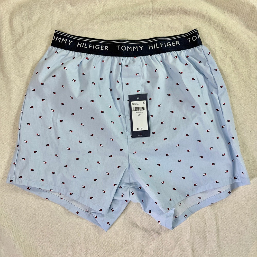 Tommy Hilfiger Mens Woven Boxer Shorts Blue Flag Logo Print Size Small NWT